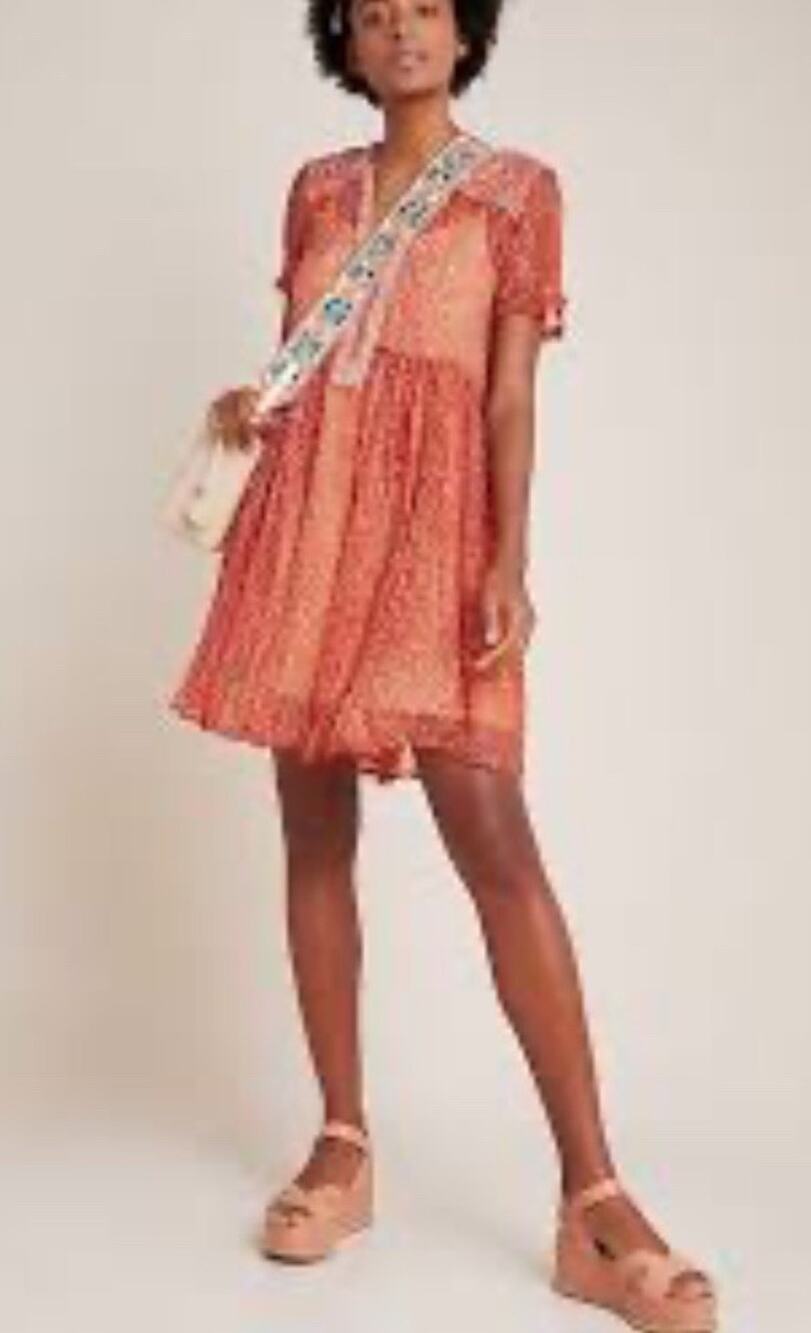 Anthropologie Maeve Dress Sheer Babydoll Mini Coral Boho Oversized Boxy Size XS